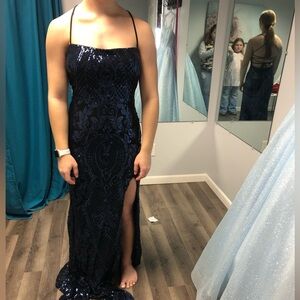 black dress with navy blue pattern